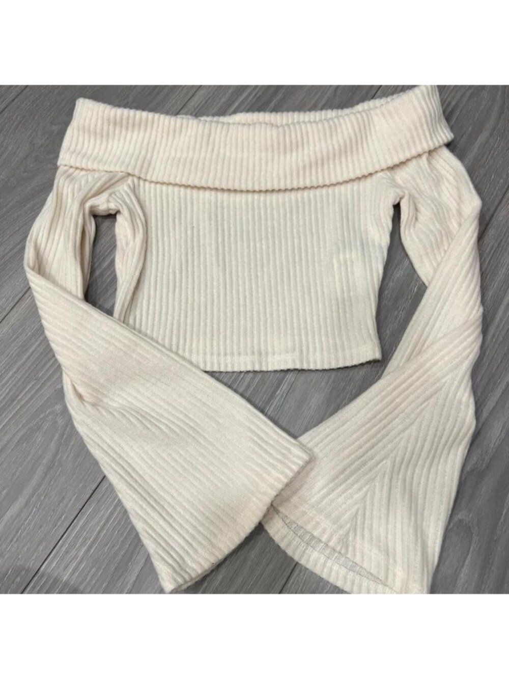 Cream off the shoulder ribbed knit crop top, flared sleeves